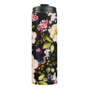 Bouteilles Isothermes Aquarelle rose Roses Jaunes Arrière - plan noir