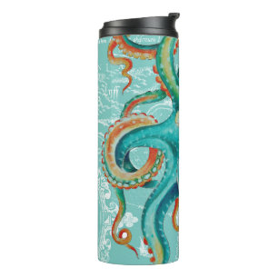 Bouteilles Isothermes Aquarelle vintage turquoise de carte de poulpe