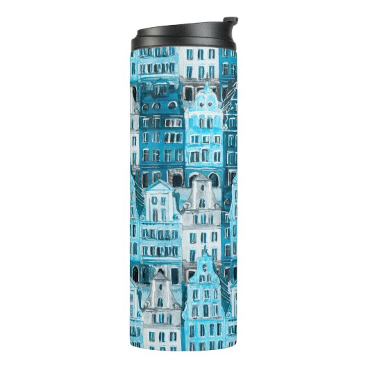 Bouteilles Isothermes Architecture d'Amsterdam, aquarelle bleue. (Tourné sur la gauche)