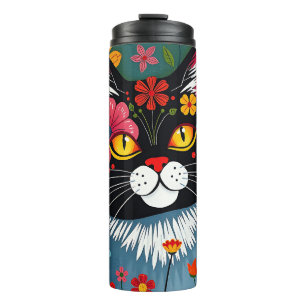 Bouteilles Isothermes Art populaire noir et blanc Chat et fleurs Whimsic