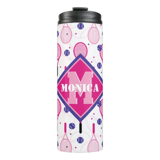 Bouteilles Isothermes Avec nom & initiale, raquettes de tennis rose & vi (Devant)