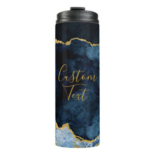 Bouteilles Isothermes Bleu Nuit & Or Feuille Marbre Agate Texte Personna