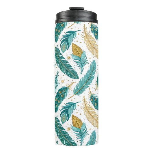 Bouteilles Isothermes Boho Turquoise et or plumes (Devant)