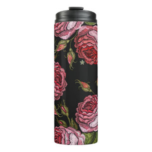 Bouteilles Isothermes Broderie roses rouges vintage motif sans soudure.