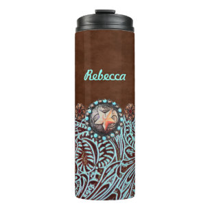 Bouteilles Isothermes brun turquoise western pays à outils cuir