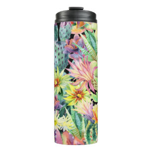 Bouteilles Isothermes Cactus en floraison, motif aquarelle transparent.