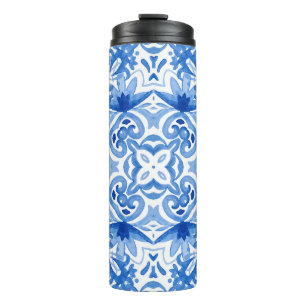 Bouteilles Isothermes Carrelage blanc bleu, motif aquarelle sans couture