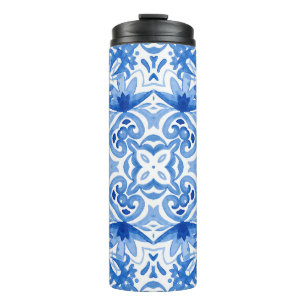 Bouteilles Isothermes Carrelage blanc bleu, motif aquarelle sans couture