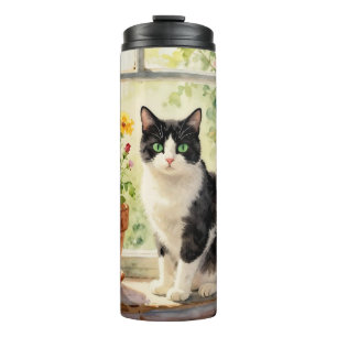 Bouteilles Isothermes Chat aquarelle et fleurs sur appui de fenêtre