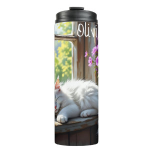 Bouteilles Isothermes Chat blanc dormant et fleurs violettes Personnalis