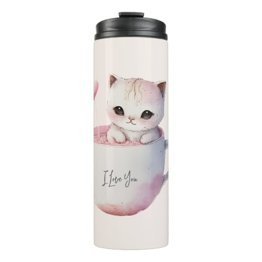 Bouteilles Isothermes Chat blanc-rose mignonne dans une tasse de thé (4) (Devant)