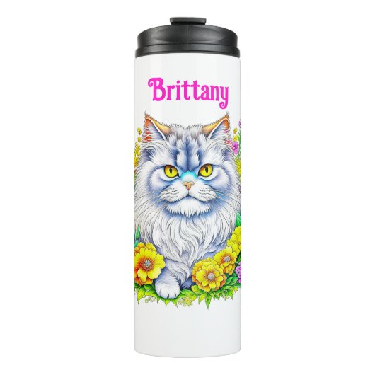 Bouteilles Isothermes Chat perse blanc en fleurs Personnalisé (Devant)