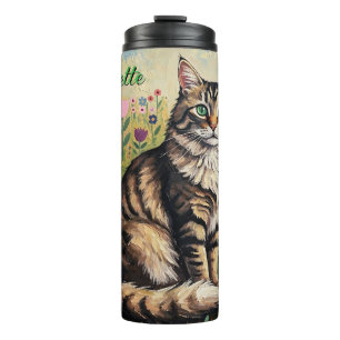 Bouteilles Isothermes Chat tabby gris duveteux et fleurs d'art populaire