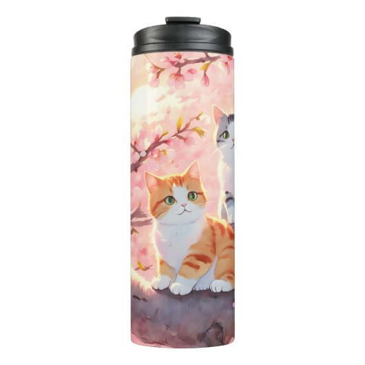 Bouteilles Isothermes Chats Mignons Sur Un Arbre En Fleur De Cerise (Devant)