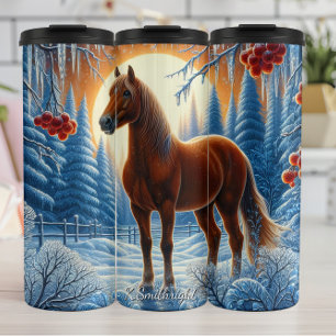 Bouteilles Isothermes Cheval d'hiver Forêt enneigée Coucher de soleil