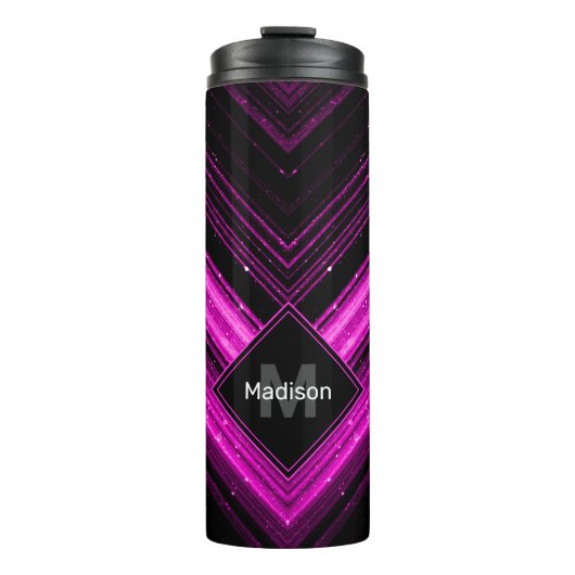 Bouteilles Isothermes Chevron noir rose chaud brillant métallique Monogr (Devant)
