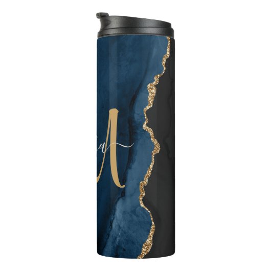 Bouteilles Isothermes Chic Blue Gold Agate Script Monogramme personnalis (Tourné sur la droite)