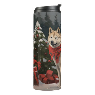 Bouteilles Isothermes Chien Akita dans la neige de Noël