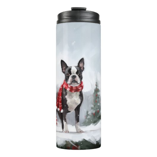 Bouteilles Isothermes Chien de Boston Terrier pendant Noël de neige (Devant)