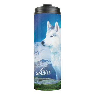 Bouteilles Isothermes Chien Husky avec montagnes et aurores boréales