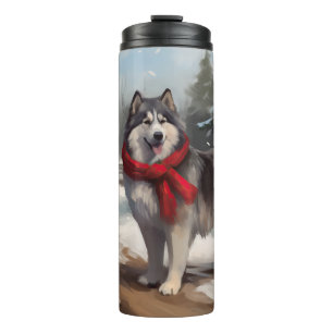 Bouteilles Isothermes Chien Malamute d'Alaska dans la neige de Noël