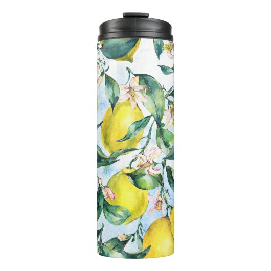 Bouteilles Isothermes citrons d'aquarelle, branche d'agrumes frais. (Devant)