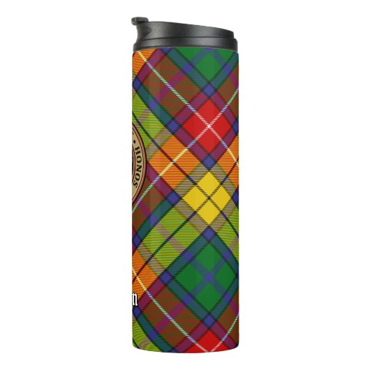 Bouteilles Isothermes Clan Buchanan Crest sur Tartan (Tourné sur la droite)