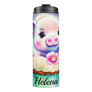 Bouteilles Isothermes Cochon avec cupcake peinture à l'aquarelle