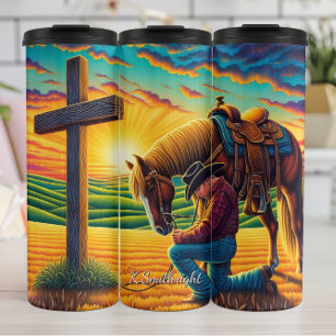 Bouteilles Isothermes Cow-boy priant Cheval Croix Coucher de soleil