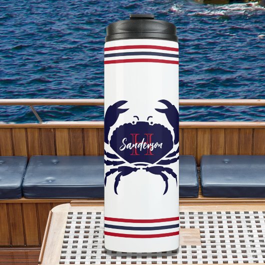 Bouteilles Isothermes crabe blanc bleu marine monogrammé