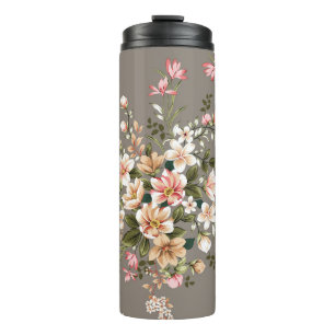 Bouteilles Isothermes Crème, fleurs roses sur gris.