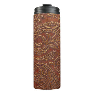 Bouteilles Isothermes Cuir Brown, motifs floraux à outils.