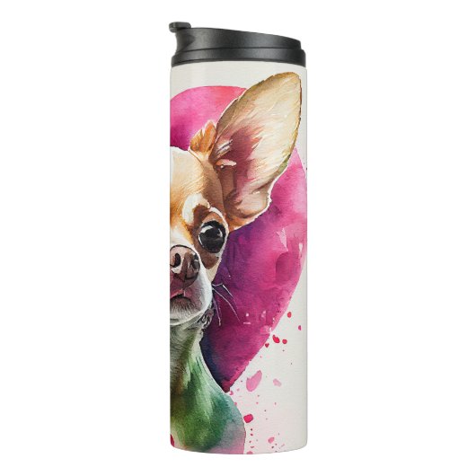 Bouteilles Isothermes Cute Chihuahua avec Arrière - plan de coeur rose (Tourné sur la droite)
