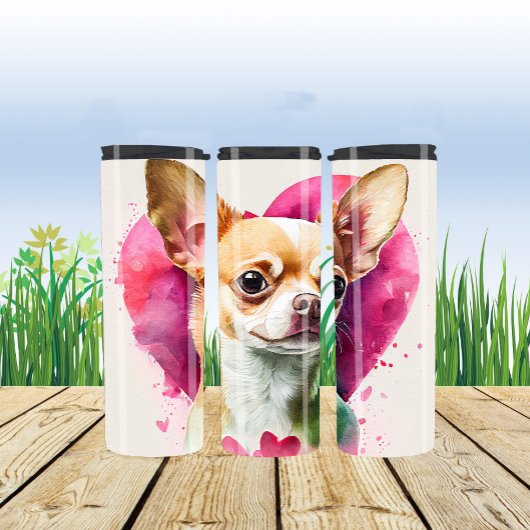 Bouteilles Isothermes Cute Chihuahua avec Arrière - plan de coeur rose