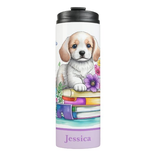 Bouteilles Isothermes Cute Girly Chiot Livres & Fleurs de Printemps (Devant)