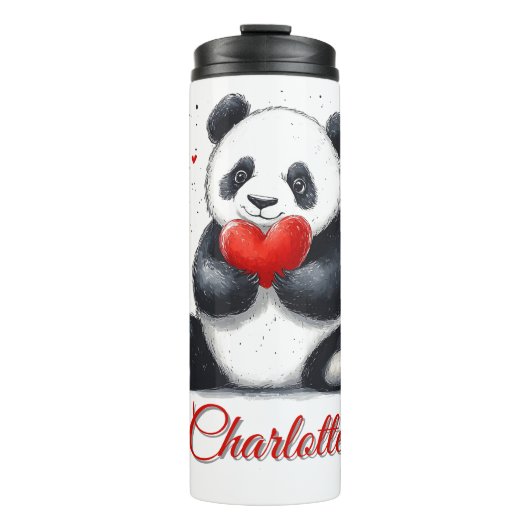 Bouteilles Isothermes Cute Panda Holding Heart avec nom personnalisable (Devant)