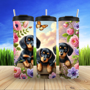 Bouteilles Isothermes Dachshunds dans un jardin de printemps