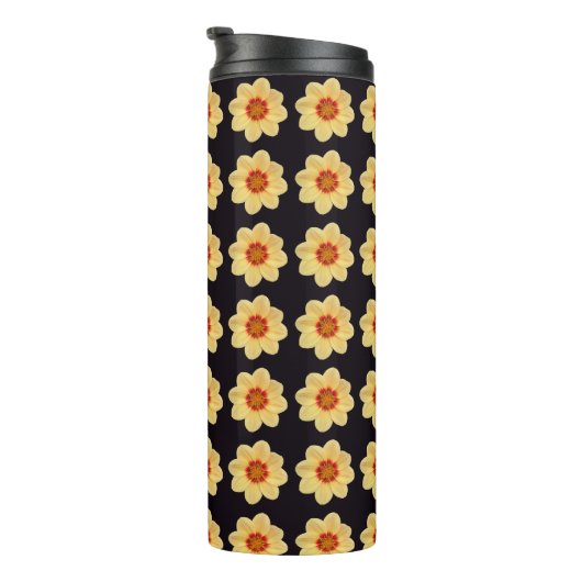 Bouteilles Isothermes Dahlia jaune motif floral sur noir (Tourné sur la droite)