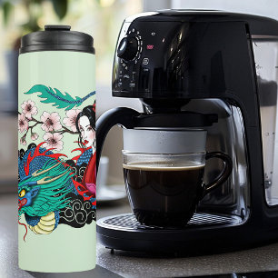 Bouteilles Isothermes Dragon Geisha Asiatique Cerisiers en Fleur Bleu