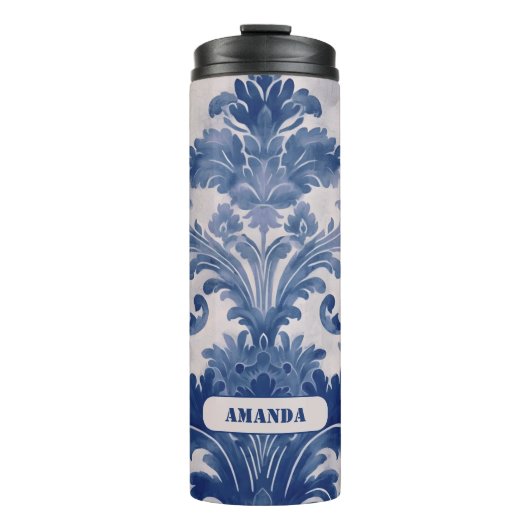 Bouteilles Isothermes Élégant damassé Bleu toile de jouy monogramme (Devant)