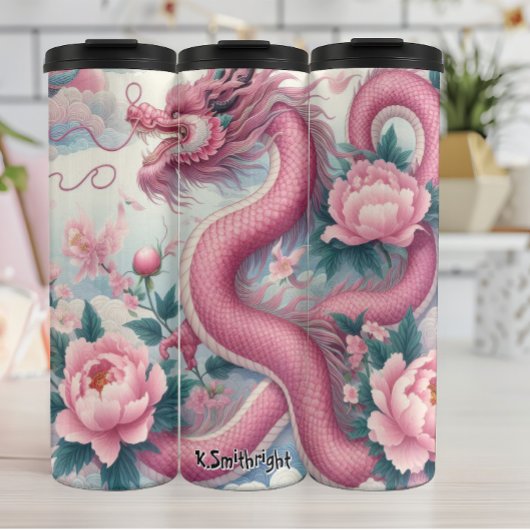 Bouteilles Isothermes Elégant dragon rose aux pivoines