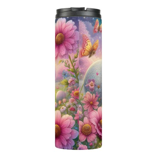 Bouteilles Isothermes Eléphant mère et bébé dans la prairie à fleurs (Dos)