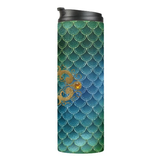 Bouteilles Isothermes Émeraude verte et dorée - Écailles de sirène (Tourné sur la droite)
