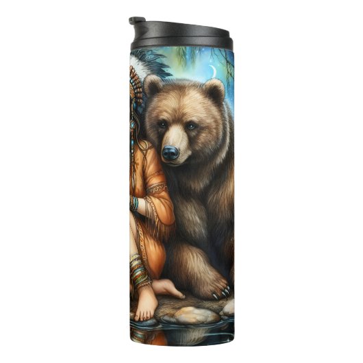 Bouteilles Isothermes Femme indigène, ours, feu de camp : eaux calmes (Tourné sur la droite)