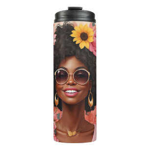 Bouteilles Isothermes Femme noire roses & tournesols bouclés afro sista