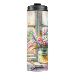 Bouteilles Isothermes Fenêtre de cottage ensoleillée avec fleurs sauvage