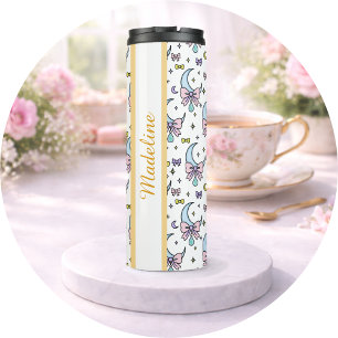 Bouteilles Isothermes Fille Personnalisée Mignon Arc Nom Lunes Blanc