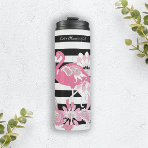 Bouteilles Isothermes Flamant Rose Fantaisiste Rayures Noires et Blanche