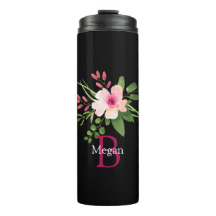 Bouteilles Isothermes Fleur aquarelle, nom et monogramme sur fond noir