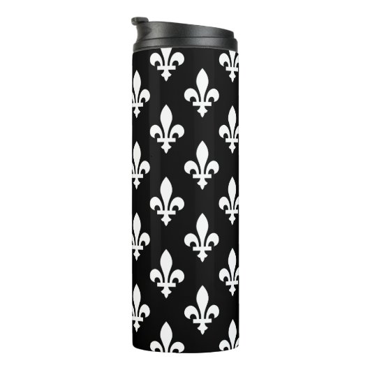 Bouteilles Isothermes Fleur de Lis Motif, Royal French, Blanc sur Noir (Tourné sur la droite)